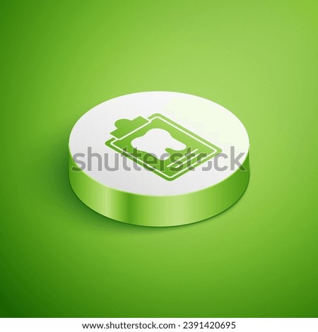 Isometric Clipboard with dental card or patient medical records icon isolated on green background. Dental insurance. Dental clinic report. White circle button. Vector