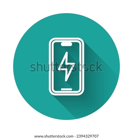 White line Smartphone charging battery icon isolated with long shadow background. Phone with a low battery charge. Green circle button. Vector