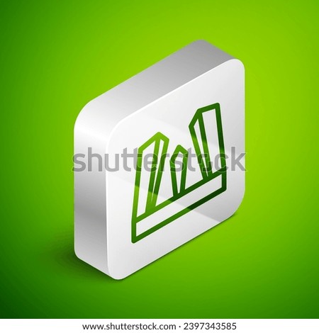 Isometric line Gate of Europe icon isolated on green background. The Puerta de Europa towers. Madrid city, Spain. Silver square button. Vector