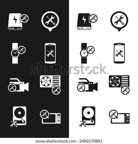 Set Smartphone service, Wrist watch, Power bank, Location, Video camera, Air conditioner, Microwave oven and Hard disk drive icon. Vector