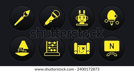 Set Toy boat, Racket, Abacus, Pirate treasure map, Robot toy, Microphone, Smart Tv and Paint brush icon. Vector