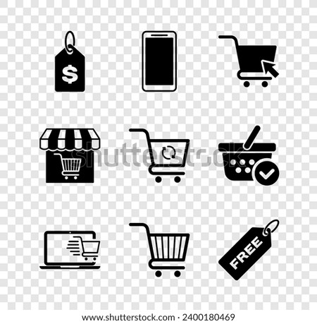 Set Price tag with dollar, Smartphone, mobile phone, Shopping cart cursor, laptop, Free, Market store shopping and Refresh icon. Vector