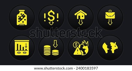 Set Pie chart infographic, Briefcase, Dollar rate decrease, Global economic crisis, Falling property prices, Broken piggy bank and Glass money jar with coin icon. Vector