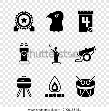 Set Medal with star, Eagle head, Calendar date July 4, Barbecue grill, Campfire, Drum and drum sticks, Stage stand or tribune and Statue of Liberty icon. Vector