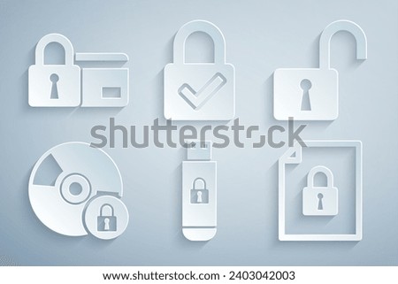 Set USB flash drive with lock, Open padlock, CD or DVD disk, Document and, Lock check mark and Credit card icon. Vector
