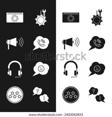 Set Speech bubble with phone call, Megaphone, Setting, Wrench and screwdriver gear, Headphones, sad smile, Question Exclamation and Five stars rating review icon. Vector
