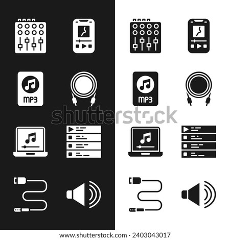 Set Audio jack, MP3 file document, Sound mixer controller, Music player, Laptop with music note, playlist, Speaker volume and  icon. Vector