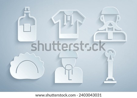 Set Ukrainian cossack, Dumplings, Monument of Independence, Embroidered shirt and Bottle vodka icon. Vector