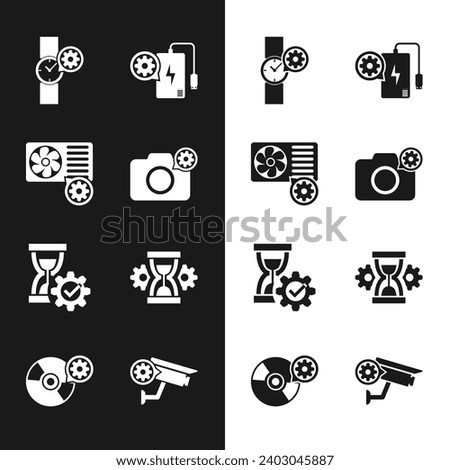 Set Photo camera setting, Air conditioner, Wrist watch, Power bank, Hourglass and  icon. Vector