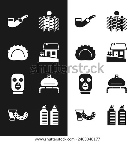 Set Ukrainian house, Dumplings, Smoking pipe, Wicker fence, Thief mask, Bread and salt, Two towers Dnipro and Glass with vodka icon. Vector