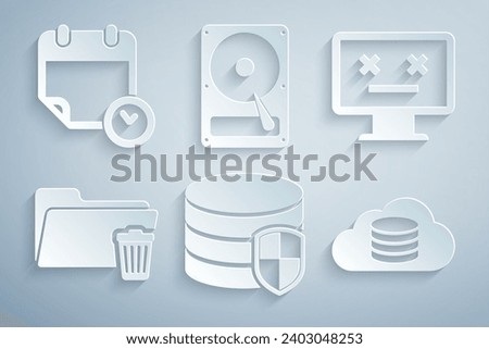 Set Database protection, Dead monitor, Delete folder, Cloud database, Hard disk drive HDD and Calendar and clock icon. Vector