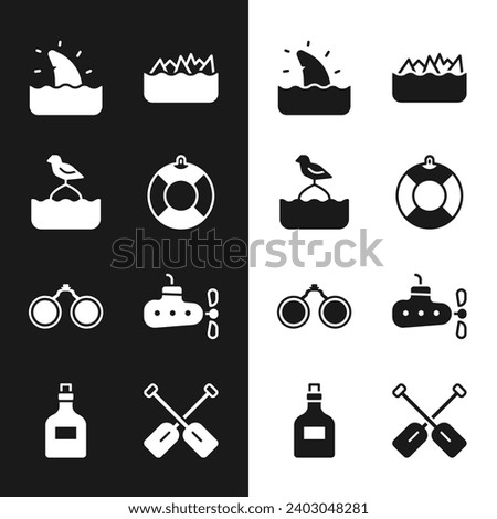 Set Lifebuoy, Seagull sits on a, Shark fin in ocean wave, Sharp stone reefs, Binoculars, Submarine, Paddle and Rum bottle icon. Vector
