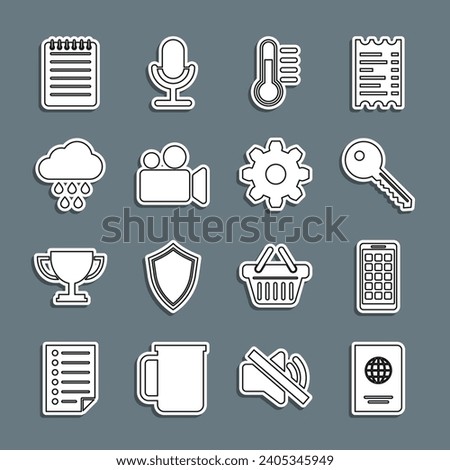 Set line Passport, Mobile Apps, Key, Thermometer, Movie Video camera, Cloud with rain, Notebook and Cogwheel gear settings icon. Vector