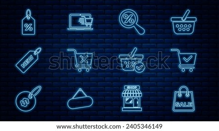 Set line Shopping bag with Sale, cart check mark, Magnifying glass percent, Remove shopping, Price tag New, Discount, basket and on laptop icon. Vector