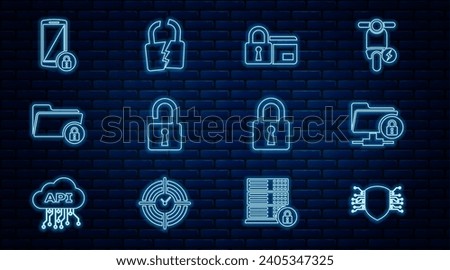 Set line Cyber security, FTP folder and lock, Credit card with, Open padlock, Folder, Smartphone, Lock and Broken or cracked icon. Vector