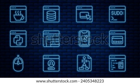 Set line Software, Search engine, Browser files, Python programming language, Mobile Apps and Server, Data, Web Hosting icon. Vector