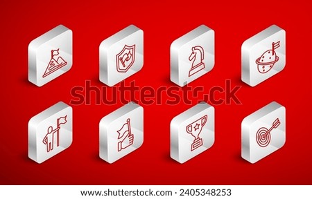Set line Target, Shield with flag, Chess, Moon, Award cup, Mountains, Hand holding and Man icon. Vector