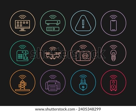 Set line Smart stereo speaker, light bulb, Exclamation mark in triangle, drone, coffee machine, Tv system, photo camera and Wireless TV box receiver icon. Vector