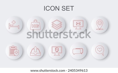 Set line Heart in speech bubble, Clipboard with medical insurance, Layers, Chat, Hospital bed, Weight, Upload inbox and Monitor and shield icon. Vector