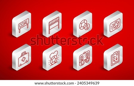 Set line Planning strategy concept, Football goal, Soccer football, betting money, Goal soccer,  and First aid kit icon. Vector