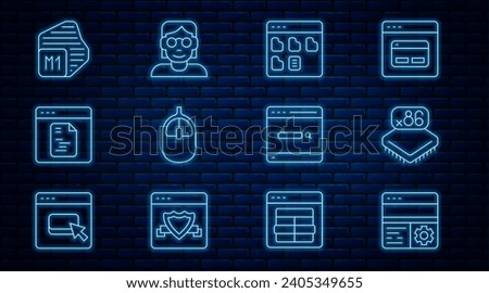 Set line Debugging, Processor with microcircuits CPU, Browser files, Computer mouse, Software, Search engine and Hacker coder icon. Vector