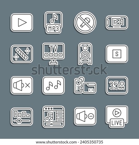 Set line Live stream, Audio jack, Stop media button, Mute microphone, Smart Tv, Photo retouching, Play and Stereo speaker icon. Vector