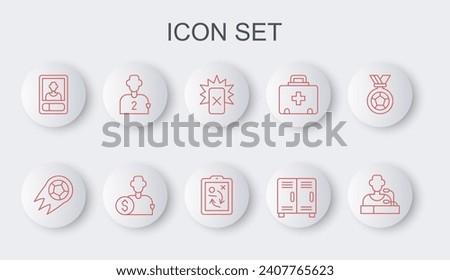 Set line Football player press conference, Soccer football, Red card, Locker or changing room, soccer, Buy and Planning strategy concept icon. Vector