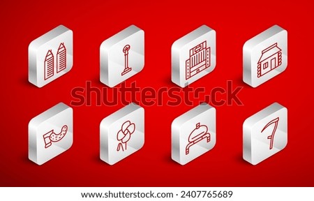 Set line Scythe, Monument of Independence, Hotel Ukraina building, Ukrainian house, Bread and salt, Two towers Dnipro, Poppy flower and Glass with vodka icon. Vector