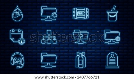 Set line Tombstone with RIP written, FTP settings folder, Wooden barrel for wine, Hierarchy organogram chart, Calendar and clock, Water drop percentage, sync refresh and  icon. Vector