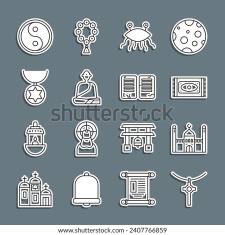 Set line Christian cross on chain, Muslim Mosque, Traditional carpet, Pastafarianism, Buddhist monk, Star of David necklace, Yin Yang and The commandments icon. Vector