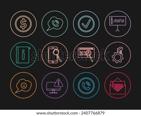 Set line Envelope, Wrench and screwdriver in gear, Check mark circle, Mobile phone diagnostics, User manual, Coin money with dollar, System bug concept and Speech bubble call icon. Vector