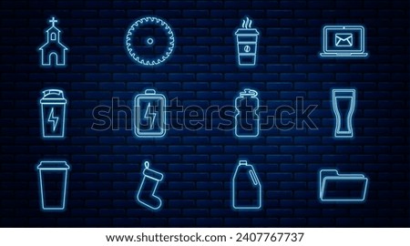 Set line Folder, Glass of beer, Coffee cup, Battery, Fitness shaker, Church building, Sport bottle with water and Circular saw blade icon. Vector