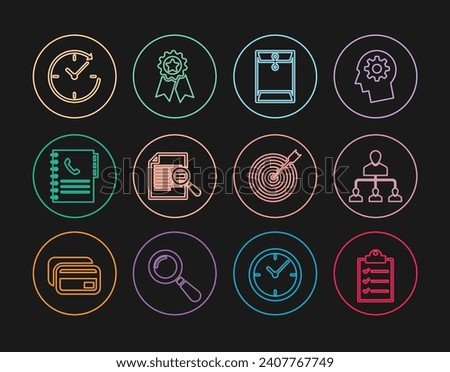 Set line Clipboard with checklist, Referral marketing, Envelope, Document search, Phone book, Clock arrow, Target and Medal star icon. Vector