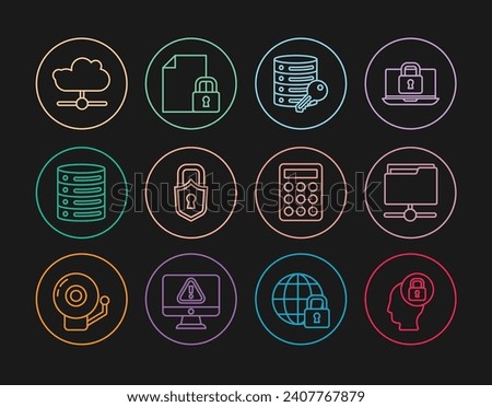 Set line Human head with lock, FTP folder, Server security key, Lock, Server, Data, Web Hosting, Network cloud connection, Password protection and Document and icon. Vector