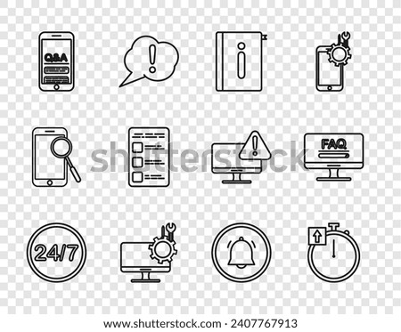 Set line Clock 24 hours, User manual, Computer monitor service, Mobile Question and Exclamation, Create account screen mobile, Button chat notification and Monitor with FAQ information icon. Vector