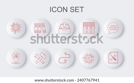Set line File document service, Location, Download inbox, Bacteria, Office folders, Crossed hammer and wrench and Route location icon. Vector