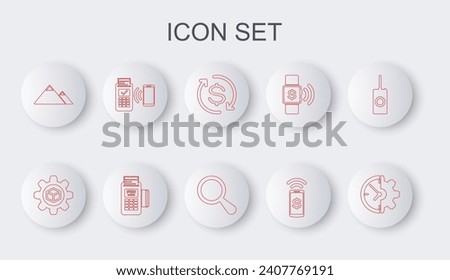Set line Clock and gear, Product development, Return of investment, Contactless payment, Mountains, POS terminal,  and Magnifying glass icon. Vector
