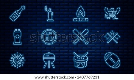 Set line American Football ball, flag, Campfire, Calendar with date July 4, Stage stand or tribune, Champagne bottle, Crossed baseball bat and Statue of Liberty icon. Vector