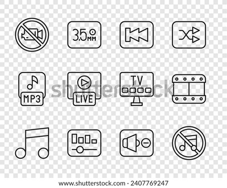 Set line Music note, tone, Speaker mute, Rewind button, equalizer, Prohibition video recording, Live stream,  and Play icon. Vector