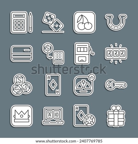 Set line Gift box, Old key, Slot machine with jackpot, cherry, Casino chips exchange, Credit card, Bingo and  icon. Vector