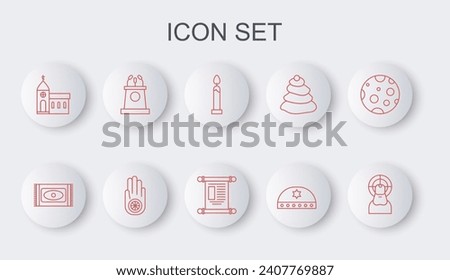 Set line Jesus Christ, Burning candle, Jewish kippah with star of david, Church building, Stage stand or tribune, Jainism Jain Dharma and Decree, paper, parchment, scroll icon. Vector