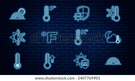 Set line Rainbow, Thermometer and cloud, moon, UV protection, Fahrenheit, Sun snowflake, with sun, Meteorology thermometer and  icon. Vector