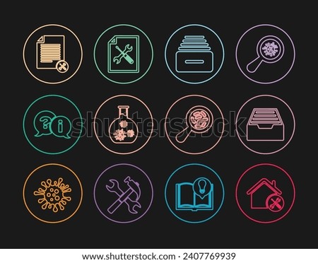 Set line House service, Drawer with documents, Test tube virus, Question and Exclamation, File, Microorganisms under magnifier and  icon. Vector