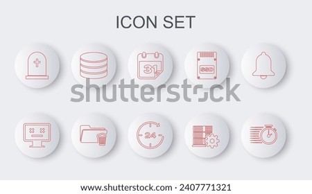 Set line Stopwatch, Dead monitor, Calendar, Server setting, Tombstone with cross, Database, Delete folder and Clock 24 hours icon. Vector