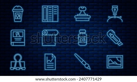 Set line Picture landscape, Stationery knife, Stamp, Roll of paper, Photo album gallery, Coffee cup go, Printer ink bottle and Brochure icon. Vector
