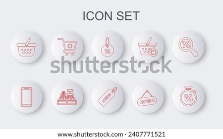 Set line Stopwatch and percent, Smartphone, mobile phone, Discount tag, Hanging sign with Open door, Shopping basket, Refresh shopping cart, Cash register machine and Price New icon. Vector