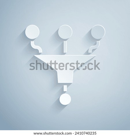 Paper cut Funnel or filter icon isolated on grey background. Paper art style. Vector