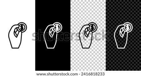 Set line Hand holding coin money icon isolated on black and white background. Dollar or USD symbol. Cash Banking currency sign.  Vector Illustration