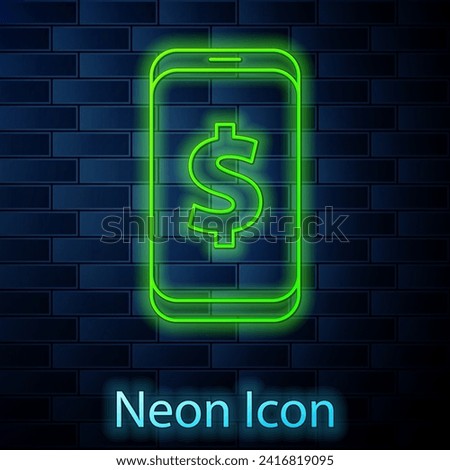 Glowing neon line Smartphone with dollar symbol icon isolated on brick wall background. Online shopping concept. Financial mobile phone. Online payment.  Vector Illustration