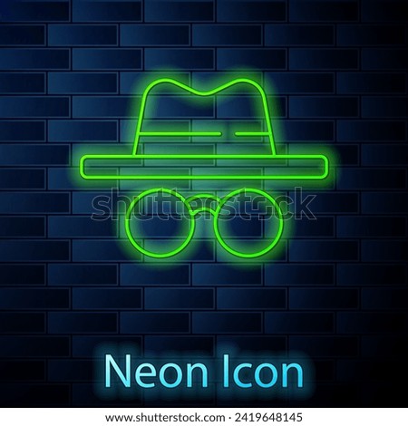 Glowing neon line Incognito mode icon isolated on brick wall background.  Vector